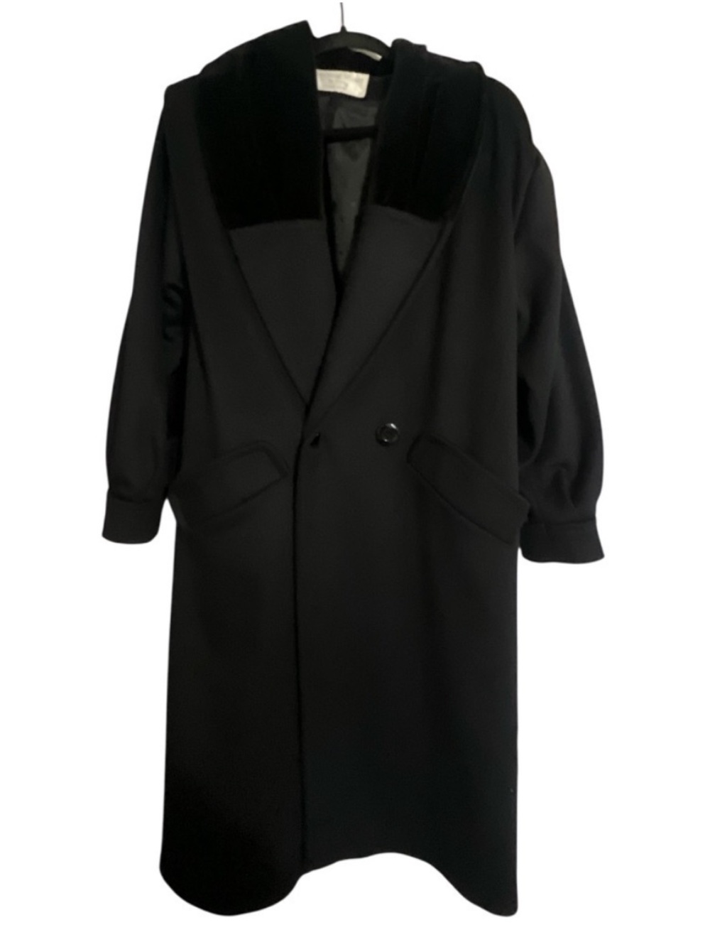 Vintage Michelle Stuart Petite Black Wool Coat Velvet Collar Long Overcoat